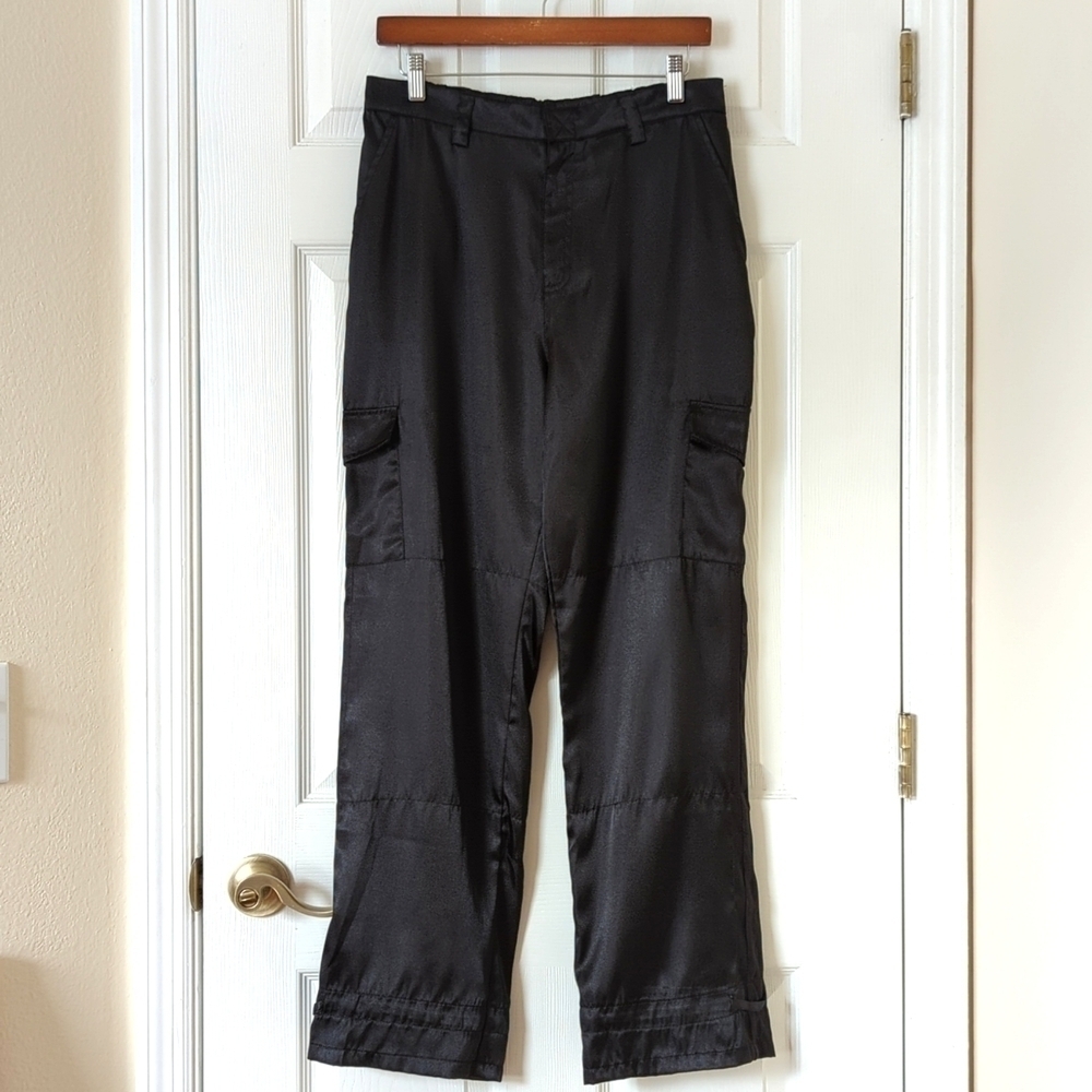 Catalina Satin High Waisted Straight Leg Ankle Cinch Cargo Pants Rich Black M